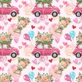 Valentines day painted seamless pattern. Watercolor car, pink rose, balloons, floral bouquet, hearts on pink background. Love Royalty Free Stock Photo