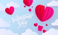 Valentines day paper art greeting card of valentine heart hot air balloon on blue sky and white cloud pattern background. Vector H Royalty Free Stock Photo