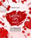 Valentines Day party flyer. Beautiful backdrop with with gift boxes in heart shape, rose petals and serpentine Royalty Free Stock Photo