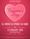 Valentines Day party flyer. Pink note with pin. Banner paper heart. Romantic composition on a pink background. Light glitters. Pos