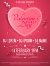 Valentines Day party flyer. Pink note with pin. Banner paper heart. Romantic composition with confetti. Light glitters. Poster for