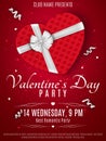 Valentines Day party flyer. Red box from the heart and a white ribbon with a bow. Romantic composition on a dark red background. C Royalty Free Stock Photo