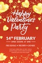 Valentines Day party calligraphy lettering, poster or banner template. Vector illustration of golden heart diamond gems