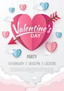 Valentines day party poster background with Heart paper cut style.