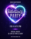 Valentines Day party neon poster design template.