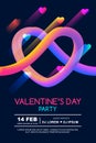 Valentines day party poster template. Abstract 3d colorful gradient liquid heart on black background.