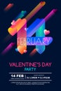 Valentines day party poster template. Colorful gradient 3d date February 14 and hearts on black background. Royalty Free Stock Photo