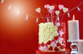 Valentines Day party table with showstopper hearts cake. Royalty Free Stock Photo