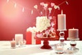 Valentines Day party table with showstopper hearts cake with lens flare. Royalty Free Stock Photo