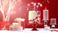 Valentines Day party table with showstopper hearts cake with lens flare. Royalty Free Stock Photo