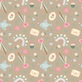 Birds, hearts, rainbows, cabochon, magic wand, candies on a beige background.