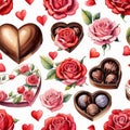 Valentines day pattern with chocolate candies, heart-shaped present box, roses and hearts Royalty Free Stock Photo