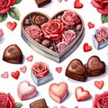 Valentines day pattern with chocolate candies, heart-shaped present box, roses and hearts Royalty Free Stock Photo