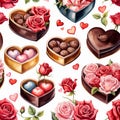 Valentines day pattern with chocolate candies, heart-shaped present box, roses and hearts Royalty Free Stock Photo