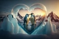 Valentines day penguins couple behind a heart shaped ice sculpture, Generative AI