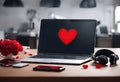 Valentines Day Phone Tablet PC Red Workplace Heart concept Headphones Keyboard Office Royalty Free Stock Photo