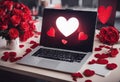 Valentines Day Phone Tablet PC Red Workplace Heart concept Headphones Keyboard Office Royalty Free Stock Photo