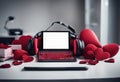 Valentines Day Phone Tablet PC Red Workplace Heart concept Headphones Keyboard Office Royalty Free Stock Photo