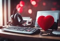 Valentines Day Phone Tablet PC Red Workplace Heart concept Headphones Keyboard Office Royalty Free Stock Photo