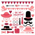 Valentines day photo booth props. Pink love wedding scrapbook elements, lips and mustaches. Glasses, tie and red heart