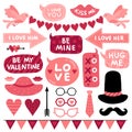 Valentines day photo booth props. Pink love wedding symbol, kiss and mustaches, female and male hat. Glasses, tie and