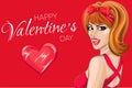 Valentines Day pin up woman with heart on red background. Pop Art holiday card illustration Royalty Free Stock Photo