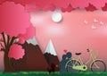 Valentines day on pink background with man and woman in love have bike and a tree. paper art style. vector illustration