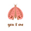 Valentines Day pink butterfly, heart shape. Text You and me romantic isolated element. Vector boho design