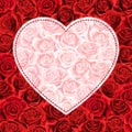 Valentines day pink cream roses filled heart on scarlet red roses background Royalty Free Stock Photo