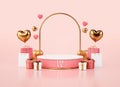 Valentines day pink and gold podium platform for banner or card background in 3D rendering. Pedestal for flyer template or product