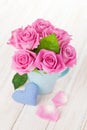 Valentines day pink roses bouquet and handmaded toy heart Royalty Free Stock Photo