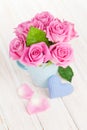 Valentines day pink roses bouquet and handmaded toy heart Royalty Free Stock Photo