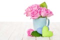 Valentines day pink roses bouquet and handmaded toy hearts Royalty Free Stock Photo