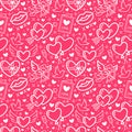 Valentines day pink seamless pattern. Love, romance flat line icons - hearts, chocolate, kiss, Cupid, doves, valentine