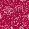 Valentines day pink seamless pattern. Love, romance flat line icons - hearts, chocolate, teddy bear, engagement ring Royalty Free Stock Photo