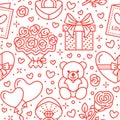 Valentines day pink seamless pattern. Love, romance flat line icons - hearts, chocolate, teddy bear, engagement ring Royalty Free Stock Photo