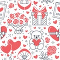 Valentines day pink seamless pattern. Love, romance flat line icons - hearts, chocolate, teddy bear, engagement ring Royalty Free Stock Photo