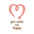 Valentines Day pink snake, heart shape. Text You and me romantic isolated element. Vector boho design