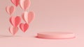 Valentines day podium with hanging paper hearts in 3D rendering. Cylinder shape for product display with valentineÃ¢â¬â¢s day concept