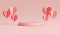 Valentines day podium surrounded by hanging hearts in 3D rendering. Cylinder shape for product display with valentineÃ¢â¬â¢s day