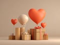 Valentines Day poster featuring gift stack, oversized hearts, light bulb, and wooden background in minimalist style - AI-Generated Royalty Free Stock Photo