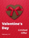 Valentines Day. Poster for Valentine`s sale, promo etc. Chocolate heart with silk bow ribbon and trendy typography