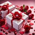 Valentines day present box with flowers and ribbon. Gift with red roses and hearts on background Royalty Free Stock Photo