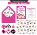 Valentines day printable set wih funny pugs. Royalty Free Stock Photo