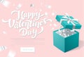 Valentines day Promo banner with Open Gift Box and silver Confetti. Happy valentines day. Turquoise jewelry box Royalty Free Stock Photo