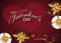 Valentines day red background decorated Boxes with gold bows, ribbon and heart. Design for posters, banners or cards. Vector Royalty Free Stock Photo