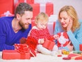 Valentines day. Red boxes. Happy family with present box. father, mother and doughter child. All my love is for you Royalty Free Stock Photo