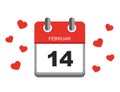 Valentines day red calendar icon vector 14th february with hearts