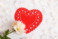 Valentines Day Red Heart and pink rose on the background of white rose petals. Copy space. Royalty Free Stock Photo