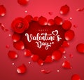 Valentines Day red rose petals heart shape poster design on red background Royalty Free Stock Photo